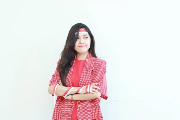 Retrato Uma Mulher Asiática Vestindo Uma Roupa Vermelha Celebrando Dia — Fotografia de Stock