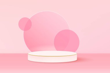 Pembe arka planda şeffaf yuvarlak cam morfizmi olan yuvarlak podyum. Yayalar pastel renkler, en az vitrin modeli. Ürün tasarımı için bir aşama. 3d illüstrasyon.