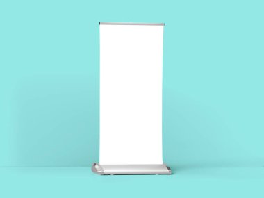 Turkuaz renk arkaplanında izole edilmiş rulo pankart modeli. 3B Görüntü