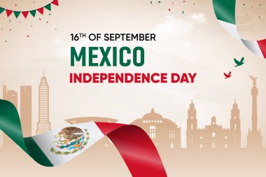 Skyline Arkaplanda Meksika Bayrağı Dalgalanması. Bağımsızlık Günü Tasarım Vektörü İllüstrasyonu.