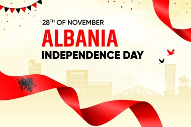 Arnavutluk Bayrağı, Skyline Arkaplanda Dalgalanıyor. Bağımsızlık Günü Tasarım Vektörü İllüstrasyonu.