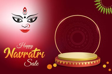 Tanrıça Durga, kestane rengi arka planda, kürsüde. Mutlu Navratri İndirim Hindu Festivali Konsepti. 