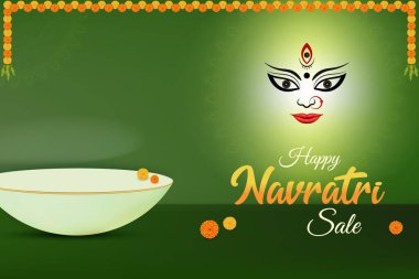 Tanrıça Durga Yeşil Arkaplanda Podyumda. Mutlu Navratri İndirim Hindu Festivali Konsepti. 