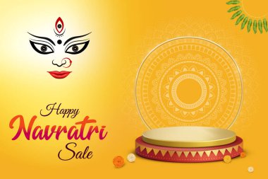 Sarı Arkaplanda Podyumlu Tanrıça Durga. Mutlu Navratri İndirim Hindu Festivali Konsepti. 