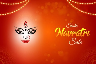 Kırmızı Arkaplanda asılı ışıklarla Tanrıça Durga. Navratri Hint Hindu Festivali Konsepti. 