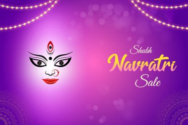 Tanrıça Durga, asılan ışıklarla mor arka planda. Navratri Hint Hindu Festivali Konsepti. 