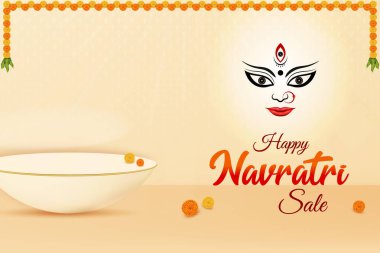 Bej arkaplanda podyumlu Tanrıça Durga. Mutlu Navratri İndirim Hindu Festivali Konsepti. 