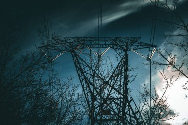 Günbatımında ormanda elektrik direği ve teller, karanlık bir ormanın arka planı ve mavi gökyüzü.