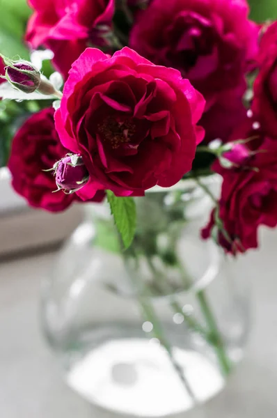 Bouquet of garden roses in a transparent glass vase with water closeup.