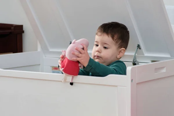 Little Toddler Playing His Plush Toys Toy Box — Stock Photo, Image
