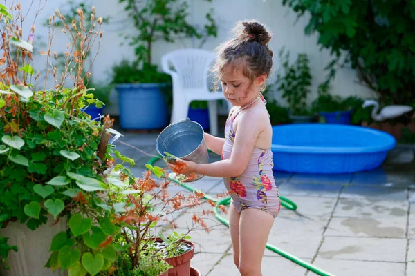 Cute Young Girl Watering Plants Bucket Summer Day Backyard — Stock Photo, Image
