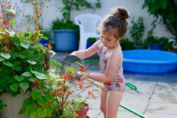 Nettes Junges Mädchen Gießt Pflanzen Mit Einem Eimer Einem Sommertag — Stockfoto