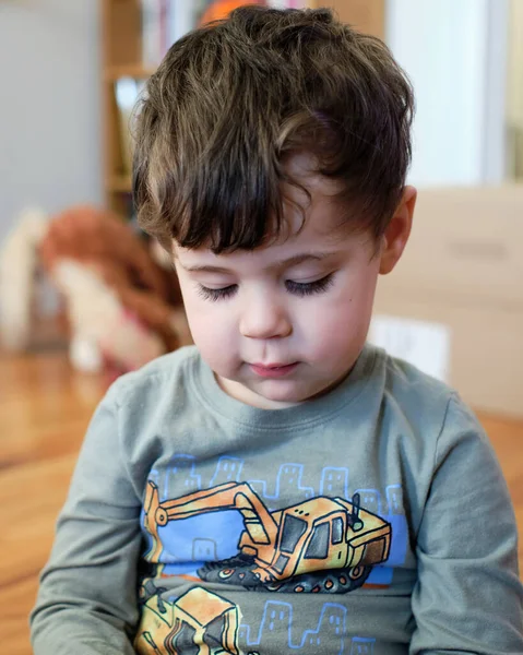 Porträt Eines Dreijährigen Jungen Der Wohnzimmer Mit Einem Spielzeug Spielt — Stockfoto