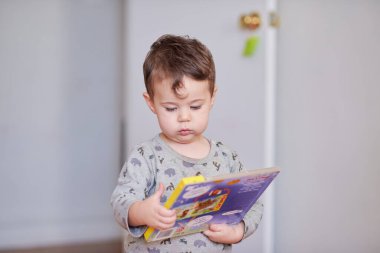 Kitabındaki resimlere bakan sevimli bir çocuk.