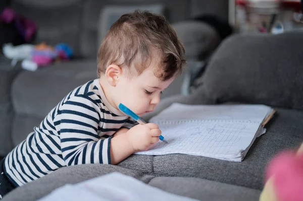 Młody Chłopiec Maluch Pisanie Notatniku Kanapie Domu — Zdjęcie stockowe