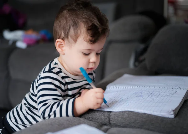 Młody Chłopiec Maluch Pisanie Notatniku Kanapie Domu — Zdjęcie stockowe