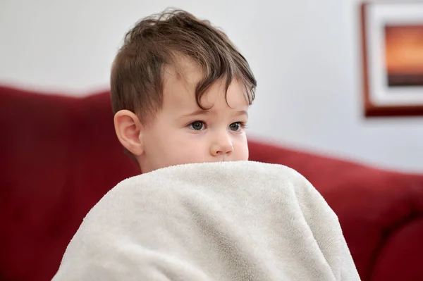 Güvenlik Battaniyesiyle Televizyon Izleyen Sevimli Bir Çocuğun Portresi — Stok fotoğraf