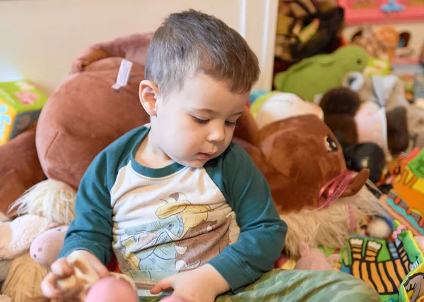可爱的小男孩在一堆堆柔软的毛绒玩具中玩耍 — 图库照片