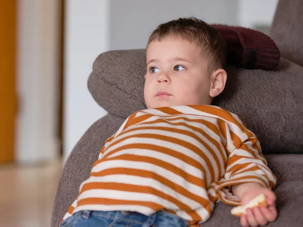 Młody Chłopiec Pasiastej Koszuli Jedzący Sernik Podczas Oglądania Telewizji — Zdjęcie stockowe