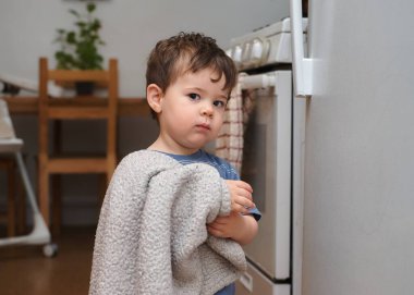 Tatlı bir çocuğun portresi ve onun güvenlik battaniyesi.