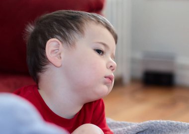 Sevimli çocuk televizyon izliyor ve oturma odasında yaban mersini yiyor.