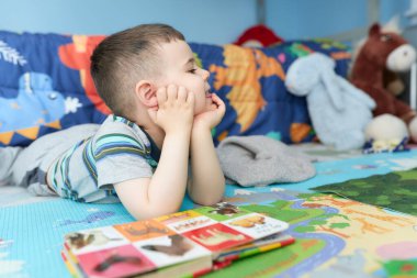 cute young boy reading a book with animal picutres