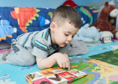 cute young boy reading a book with animal picutres