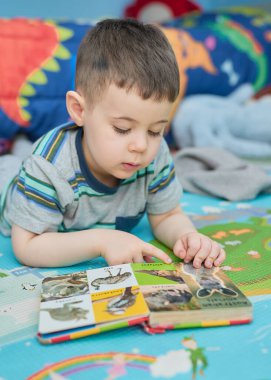 cute young boy reading a book with animal picutres