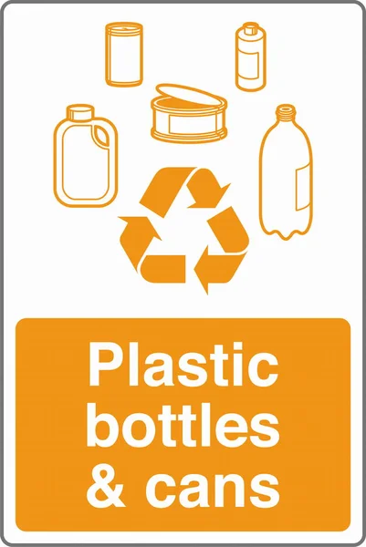 Reciclaje Gestión Residuos Papelera Etiqueta Engomada Signo Botellas Plástico Latas — Archivo Imágenes Vectoriales