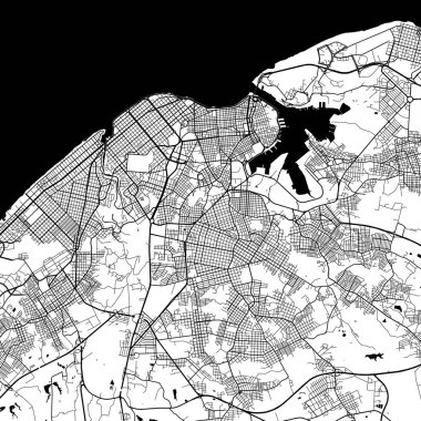 Havana, Küba Tek Krom Siyah ve Beyaz Minimalist Sokak Estetik Dekorasyon Haritası