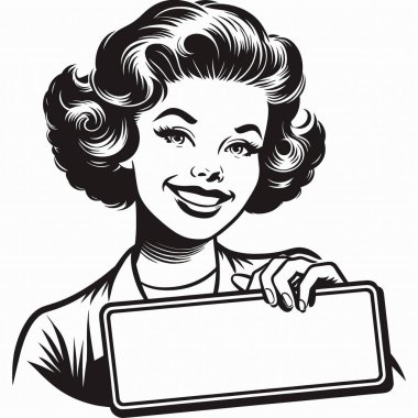 A 1960s woman holding a blank sign in a simple vector line art style features retro fashion, bold outlines, and vintage aesthetics. Perfect for posters, ads, and customizable message designs.