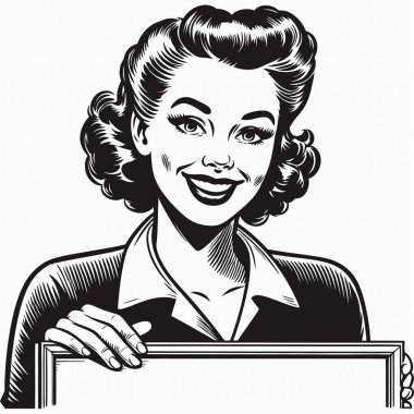 A 1960s woman holding a blank sign in a simple vector line art style features retro fashion, bold outlines, and vintage aesthetics. Perfect for posters, ads, and customizable message designs.