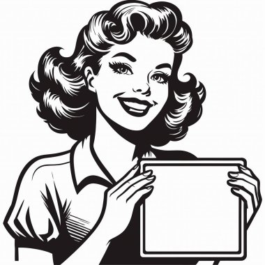 A 1960s woman holding a blank sign in a simple vector line art style features retro fashion, bold outlines, and vintage aesthetics. Perfect for posters, ads, and customizable message designs.