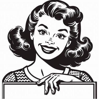 A 1960s woman holding a blank sign in a simple vector line art style features retro fashion, bold outlines, and vintage aesthetics. Perfect for posters, ads, and customizable message designs.