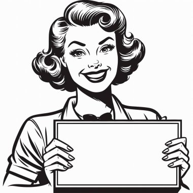 A 1960s woman holding a blank sign in a simple vector line art style features retro fashion, bold outlines, and vintage aesthetics. Perfect for posters, ads, and customizable message designs.