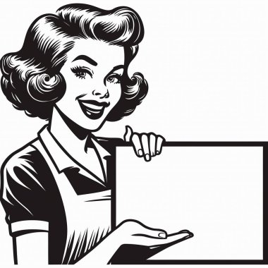 A 1960s woman holding a blank sign in a simple vector line art style features retro fashion, bold outlines, and vintage aesthetics. Perfect for posters, ads, and customizable message designs.