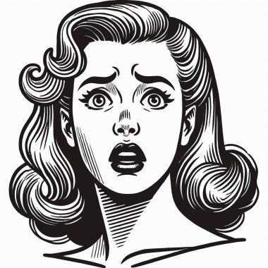 Şok olmuş bir ifadeye sahip klasik bir pop sanatçısı, siyah beyaz çizgilerle çizilmiş, cesur hatlara, geniş gözlere ve klasik bir çizgi roman tarzında açık bir ağıza sahip. Retro tasarımlar için mükemmel.