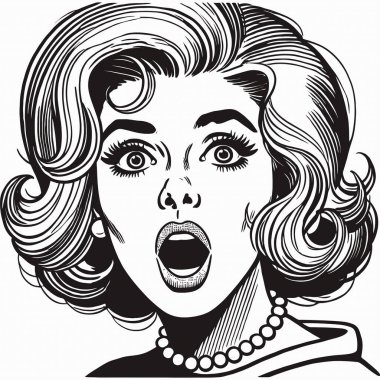 Şok olmuş bir ifadeye sahip klasik bir pop sanatçısı, siyah beyaz çizgilerle çizilmiş, cesur hatlara, geniş gözlere ve klasik bir çizgi roman tarzında açık bir ağıza sahip. Retro tasarımlar için mükemmel.