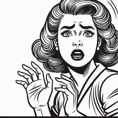 Şok olmuş bir ifadeye sahip klasik bir pop sanatçısı, siyah beyaz çizgilerle çizilmiş, cesur hatlara, geniş gözlere ve klasik bir çizgi roman tarzında açık bir ağıza sahip. Retro tasarımlar için mükemmel.
