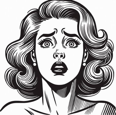 Şok olmuş bir ifadeye sahip klasik bir pop sanatçısı, siyah beyaz çizgilerle çizilmiş, cesur hatlara, geniş gözlere ve klasik bir çizgi roman tarzında açık bir ağıza sahip. Retro tasarımlar için mükemmel.