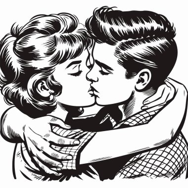 Siyah beyaz minimalist çizgi sanatı ile resmedilmiş 1960 'ların retro çifti, klasik estetiğe sahip temiz bir mizah tarzına sahiptir. Geçmişi yok, nostaljik tasarımlar için mükemmel.