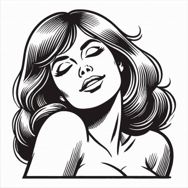 Siyah beyaz çizgi sanatı ile resmedilmiş zevk ifadesine sahip bir kadın, cesur hatları ve klasik klasik estetiği olan retro bir çizgi roman tarzına sahiptir. Nostaljik tasarımlar için mükemmel..