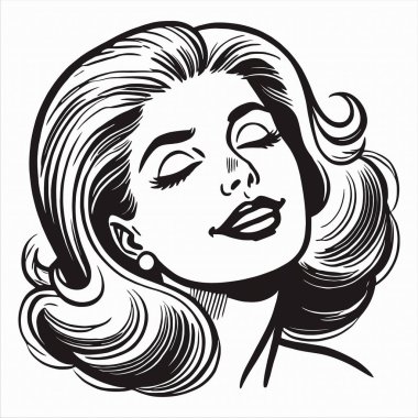 Siyah beyaz çizgi sanatı ile resmedilmiş zevk ifadesine sahip bir kadın, cesur hatları ve klasik klasik estetiği olan retro bir çizgi roman tarzına sahiptir. Nostaljik tasarımlar için mükemmel..