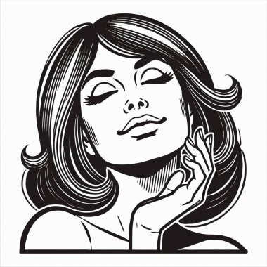 Siyah beyaz çizgi sanatı ile resmedilmiş zevk ifadesine sahip bir kadın, cesur hatları ve klasik klasik estetiği olan retro bir çizgi roman tarzına sahiptir. Nostaljik tasarımlar için mükemmel..