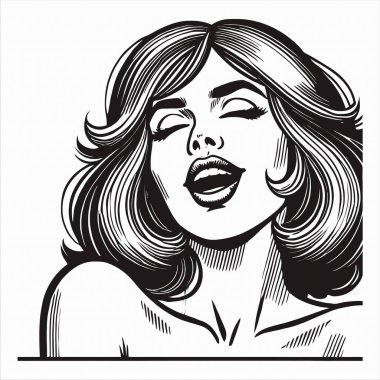 Siyah beyaz çizgi sanatı ile resmedilmiş zevk ifadesine sahip bir kadın, cesur hatları ve klasik klasik estetiği olan retro bir çizgi roman tarzına sahiptir. Nostaljik tasarımlar için mükemmel..