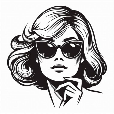 Güneş gözlüğü takan bir kadın, ağzı hafif açık, siyah beyaz çizgi sanatı içinde komik bir tarzı var. Ön manzara, gölgeler yok, arka plan minimalist ve retro tasarımlar için mükemmel değil..
