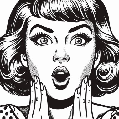 Siyah-beyaz basit çizgi sanatı ile tasvir edilmiş, şaşırmış bir eski moda kadın, cesur ifadeler ve klasik bir komedi tarzı içerir. Arka plan yok, geçmişe dönük tasarımlar ve çizimler için mükemmel..