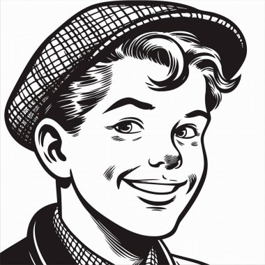 1940 'ların geçmişe dönük gülümseyen, siyah beyaz çizgili küçük bir kız ve erkek çocuğu klasik saç stilleri ve basit kıyafetleriyle minimalist, temiz bir mizah tarzına sahiptir. Eski tasarımlar ve nostalji için mükemmel..