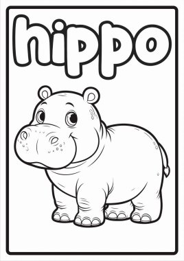 Çocukların Eğitimsel Eğlence ve Kolay Tasarımları için Yazdırılabilir Sevimli Hayvan Boyama Sayfaları Hippo