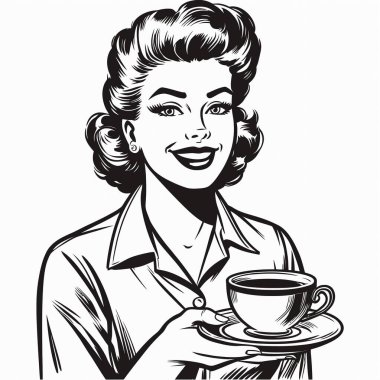 1940 'ların modası geçmiş, gülümseyen bir kadın, bir fincan kahve ikram ediyor, klasik çizgi roman tarzında siyah beyaz çizgili bir resim çiziyor. Nostalji, kafe ya da reklam temalı tasarımlar için mükemmel..